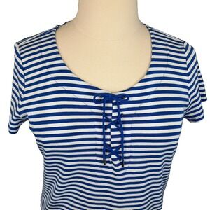 Chaps Top Blue White Stripes Lace Up Womens Large Cotton Knit Nautical Preppy